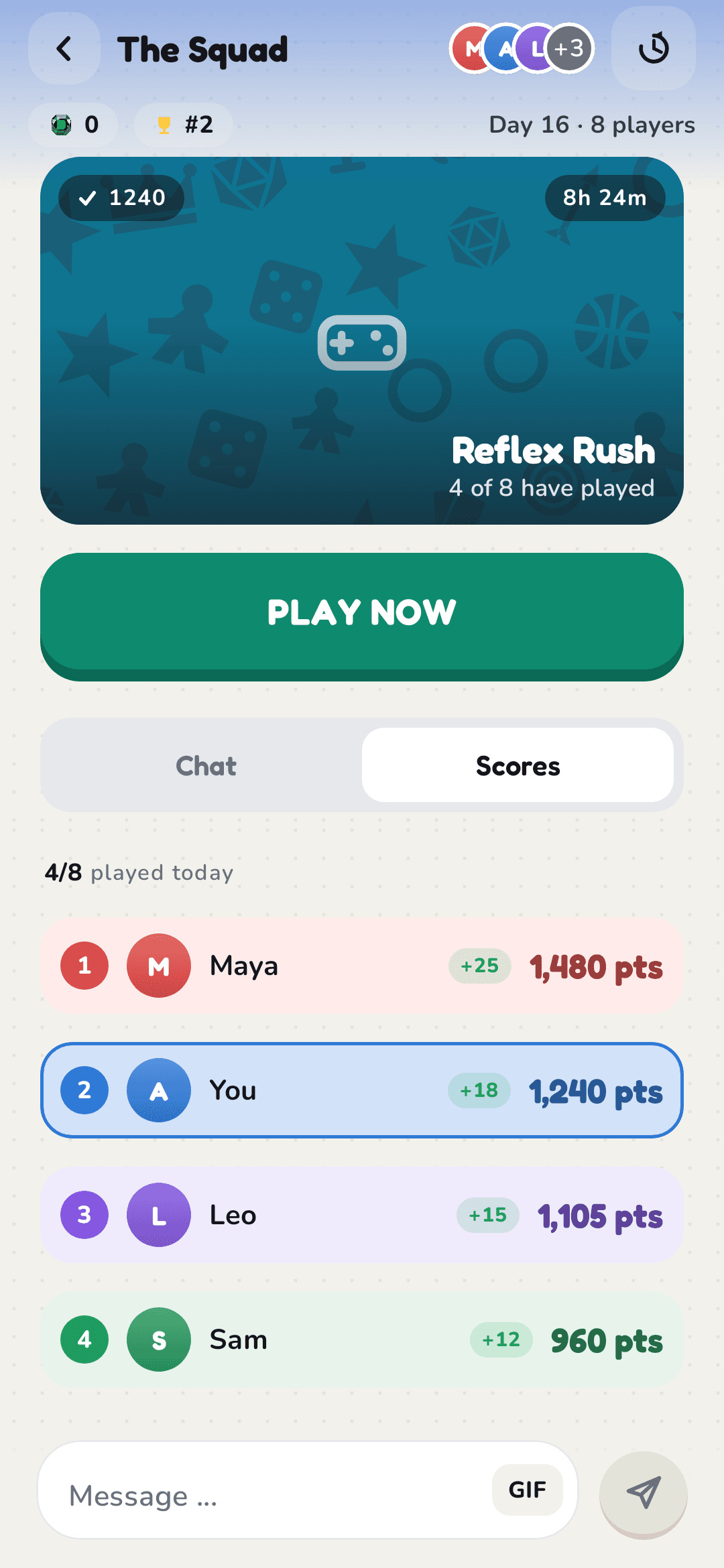 Page de groupe BeatMe — jeu du jour et classement