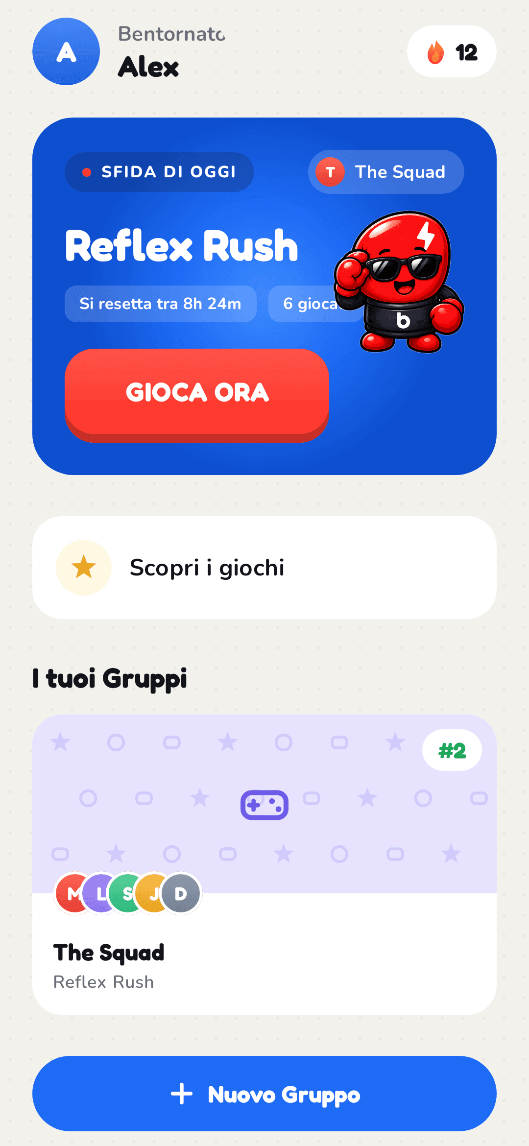 BeatMe home — il gioco di oggi e i tuoi gruppi
