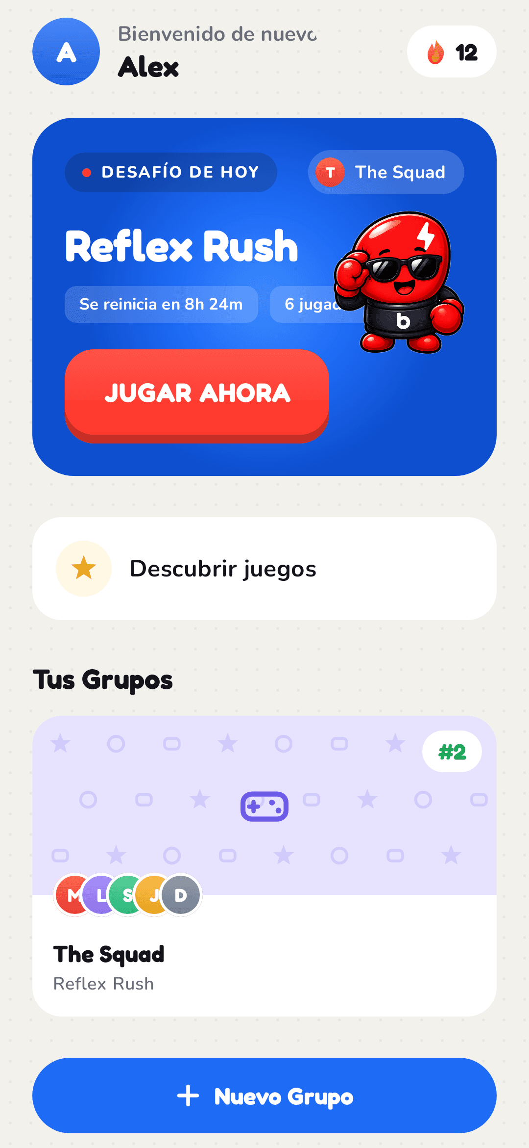 BeatMe inicio — el juego de hoy y tus grupos