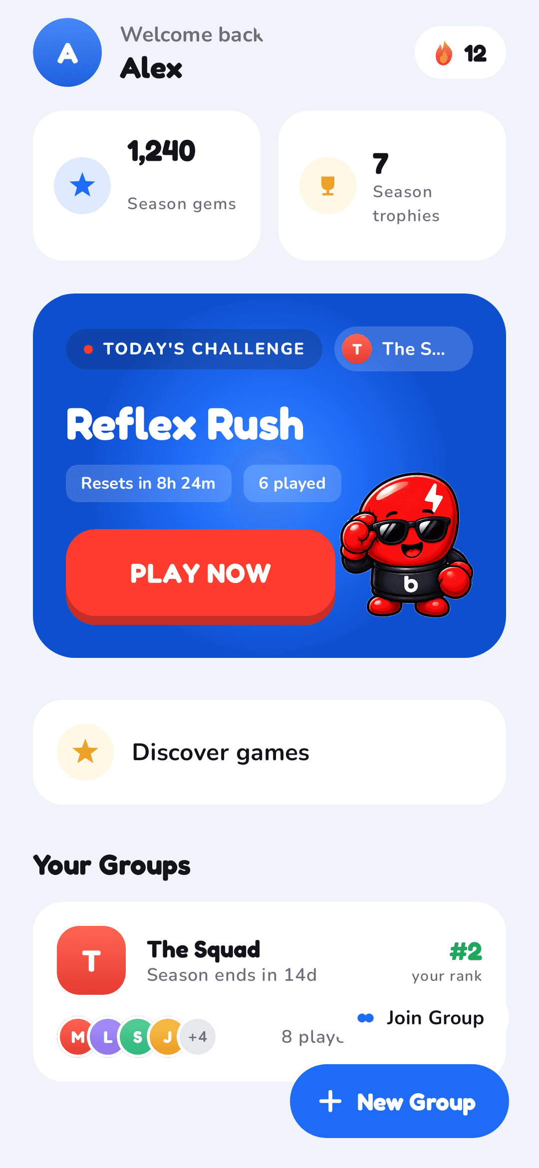 BeatMe home — today's game and your groups